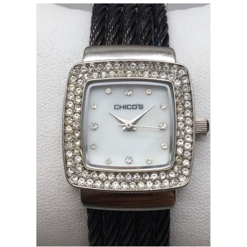 Chicos Square Crystal Accented Watch Black Cable Band‎ Mother of Pearl Dial